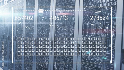 Server racks in data center, probe refreshing counters and filling grid, showing performance