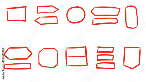 Hand-drawn red flowchart shapes on white background - rectangle, circle, arrow, octagon and banner doodle sketches, transparent.