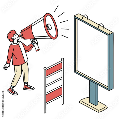 A man with a megaphone standing next to a billboard and a picket fence