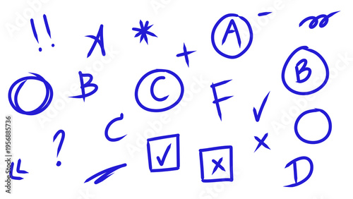 Hand-drawn school grades and feedback symbols in blue ink: A, B, C, D, F, check marks, crosses, questions, stars and circles, on white. Transparent.