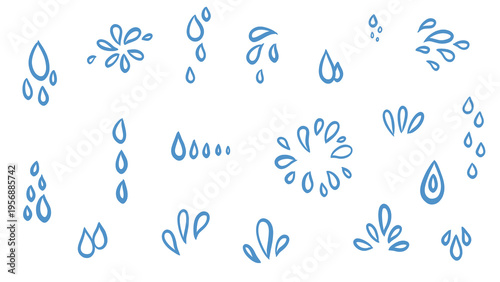 Set of hand-drawn blue water droplet vector illustrations on a transparent background; creative drawing of water elements for design.