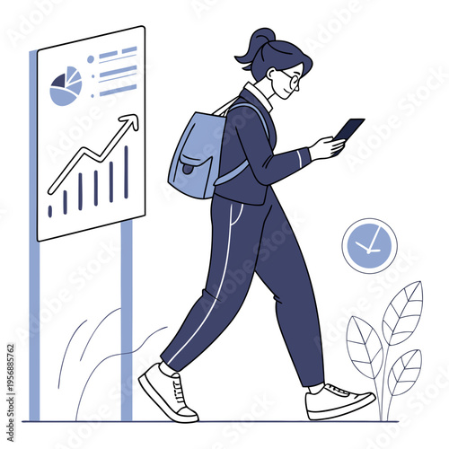 A woman walking while looking at her phone