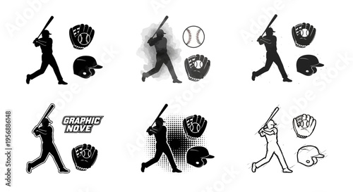 Baseball player silhouette collection with bat glove and helmet in watercolor halftone and sketch art styles
