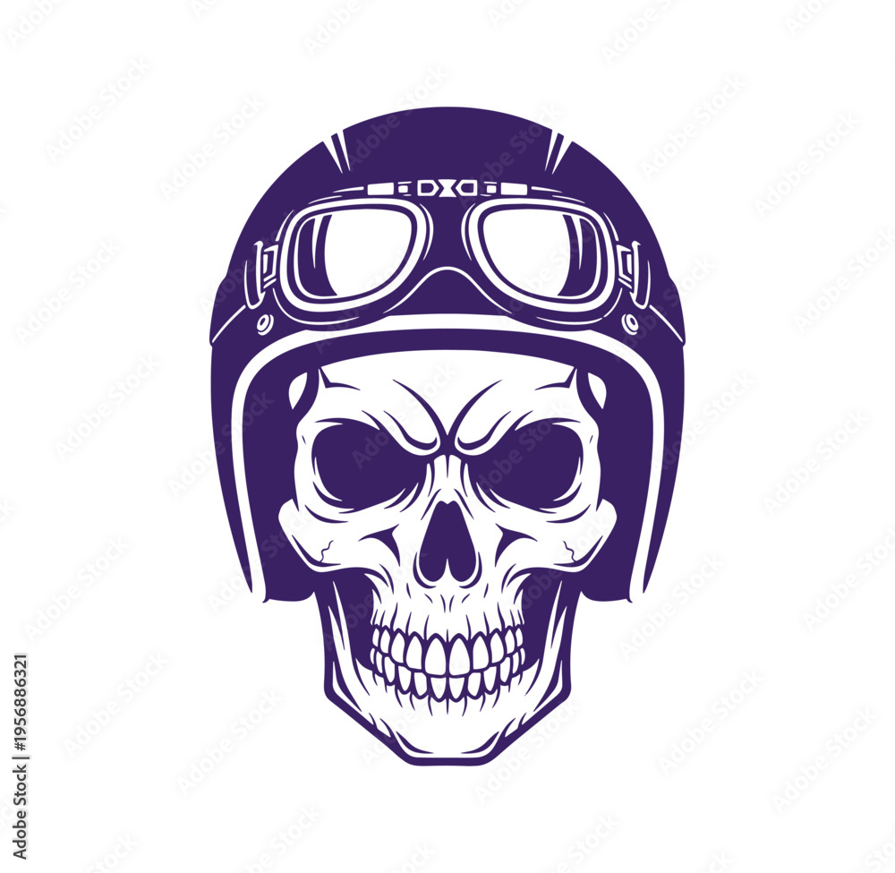 Obraz premium Purple skull wearing motorcycle helmet and goggles isolated on white background