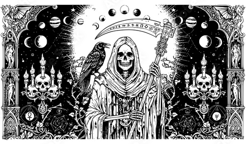 The grim reaper with a crow and scythe in a gothic cosmic setting
