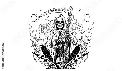 The grim reaper standing amidst skulls and crows under celestial symbols