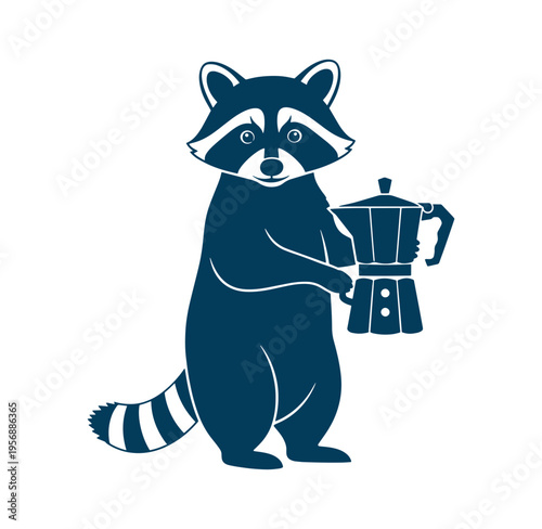 Raccoon holding a coffee pot in a cute illustration style