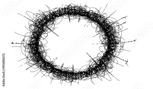 A circular arrangement of tangled black lines and barbed wire on a white background
