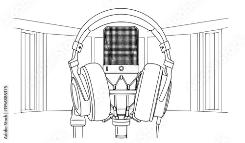 A detailed line drawing of a condenser microphone with headphones