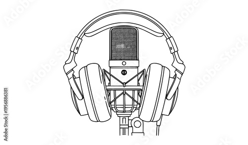 A detailed illustration of a microphone with headphones