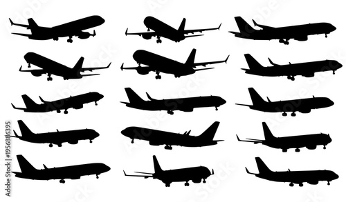 Collection of airplane silhouettes in various flight positions and angles