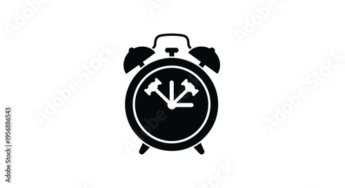 Simple black and white illustration of a classic alarm clock on white