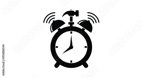 A black silhouette of an alarm clock with ringing bells is shown