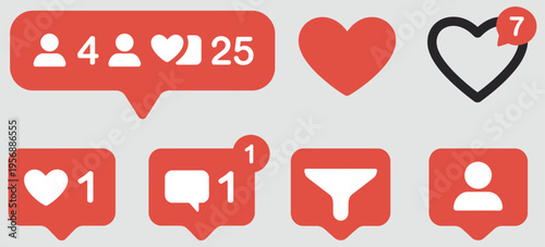 Social Media Interaction Icon Set, vector design showing likes, comments, follower notifications, and interactive buttons, engagement and online communication concept, clean modern style.