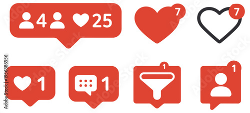 Social Media Interaction Icon Set, vector design showing likes, comments, follower notifications, and interactive buttons, engagement and online communication concept, clean modern style.