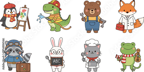 Cute Animal Profession Set with Penguin Artist, Crocodile Worker, Bear Builder, Fox Scientist, Rabbit Teacher, and Other Cartoon Characters for Kids Career Illustration Design