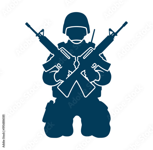 Soldier kneeling with two rifles crossed over chest in blue silhouette