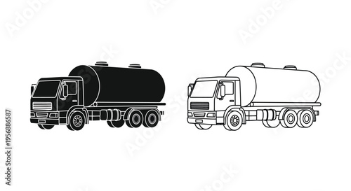 Black and white line art depicting two fuel tank trucks in profile