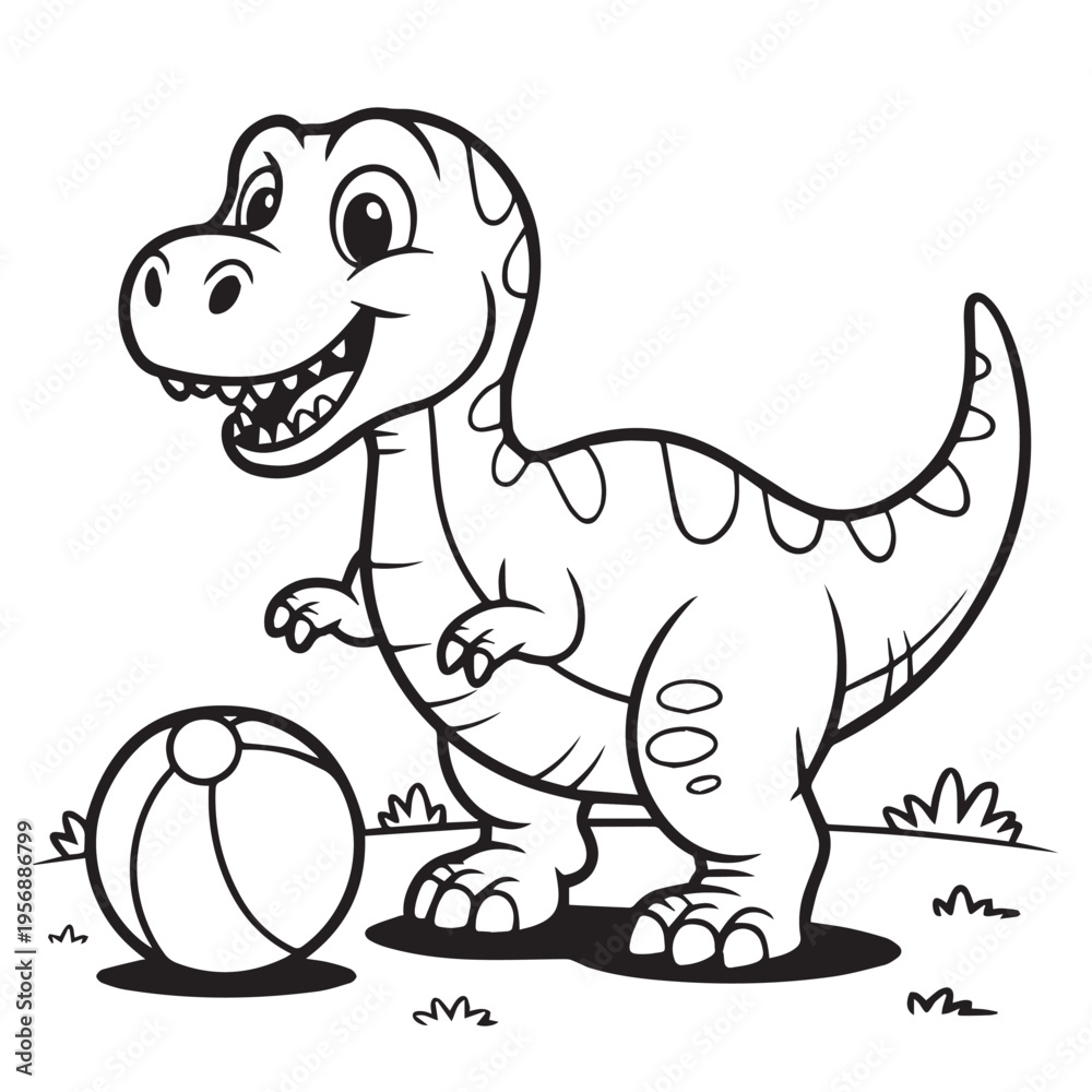 Fototapeta premium Cartoon tyrannosaurus rex dinosaur with a ball on grass t rex black and white
