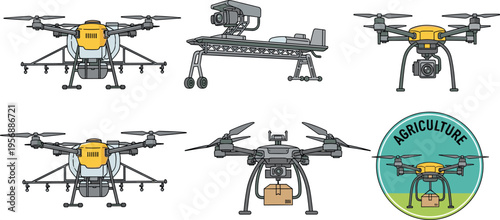Modern agricultural drone vector set featuring crop sprayer, delivery quadcopter, surveillance UAV, and farming technology icons for smart industry and automated farm management solutions.