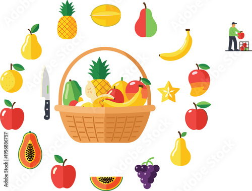 Fresh tropical fruit basket vector illustration set featuring apple, banana, pineapple, papaya, grapes, and pear icons for healthy eating, organic food, and nutrition design.