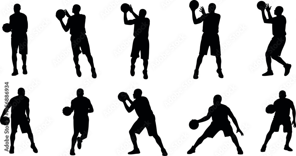 Obraz premium A collection of black silhouettes depicting various dynamic basketball player poses in action showcasing different movements and exercises with a ball