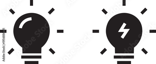 Two minimalist vector icons of light bulbs one with a curved highlight and one with a lightning bolt