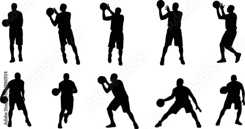 A collection of black silhouettes depicting various dynamic basketball player poses in action showcasing different movements and exercises with a ball
