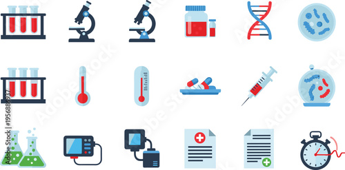 Medical laboratory icon set featuring microscope, test tubes, DNA structure, petri dish bacteria, syringe, blood pressure monitor, medical reports, and scientific research equipment symbols.