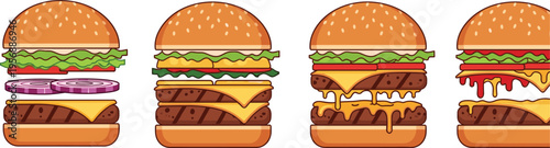 Delicious burger illustration set featuring delicious cheeseburgers with melting cheese, fresh lettuce, tomatoes, onions, and grilled beef patties on sesame seed buns for menu design.