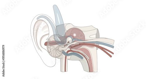 Detailed anatomical illustration of the human ear demonstrating the proper placement and interaction of an earbud within the auditory canal, highlighting key internal structures