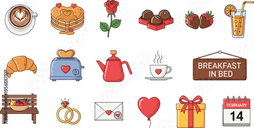 Vector Valentine's Day icon set featuring breakfast in bed, heart pancakes, coffee, chocolate strawberries, rose, engagement rings, gift box, and February 14 calendar for romantic celebrations.