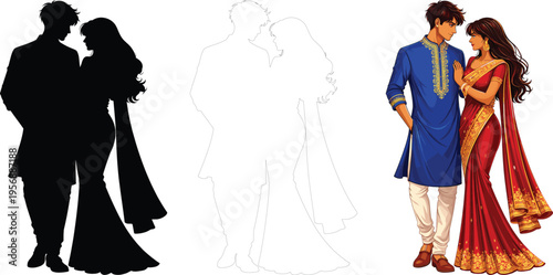 Indian Couple Traditional Dress Silhouette and Color Illustration Wedding Fashion Saree Kurta South Asian Vector