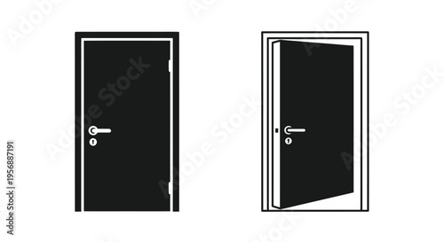 Two black doors one closed one partially open with handles