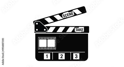 A black and white illustration of a director s clapperboard or movie slate