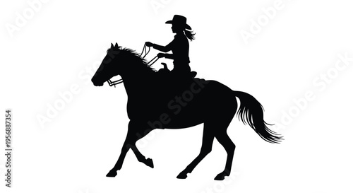 A cowgirl riding a horse in a striking black silhouette