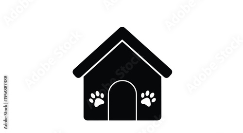 Simple black dog house icon with paw prints a striking silhouette