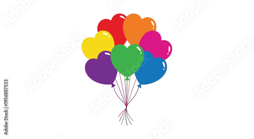 Colorful heart shaped balloons float upwards in a bright display silhouette