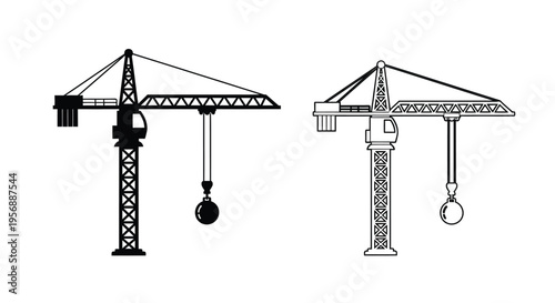 Two construction cranes depicted in a stark black silhouette