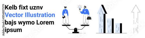 Business management, decision-making, career growth, equality, teamwork, data analysis. Two professionals on a scale and a bar chart with an arrow. Business management and decision-making theme