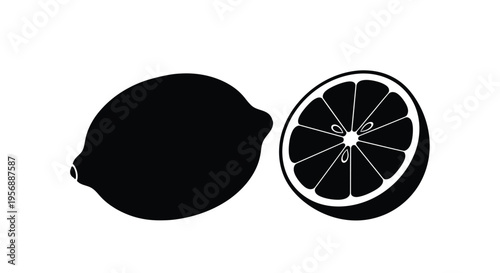 Two lemons one whole and one halved in a striking silhouette