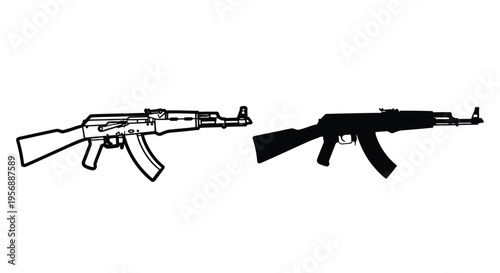 Two depictions of an ak 47 assault rifle black outline silhouette