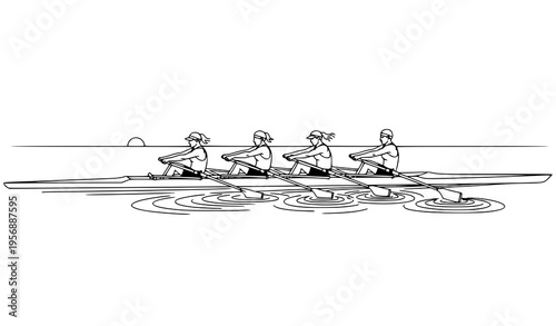 Minimalist four-person rowing team vector with water ripples and sunrise for sports illustration