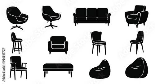 Various furniture items are displayed in a black silhouette