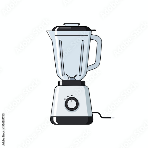 A simple, light-grey blender with black accents sits on a white background