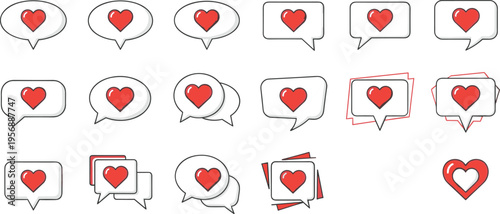 Set of social media heart speech bubbles in various shapes and styles for romantic communication love messages valentine day marketing and digital interface design.