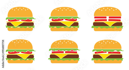 Six colorful cartoon hamburgers displayed in a grid arrangement