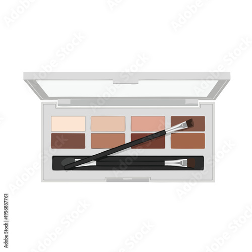 Open makeup palette with eight neutral shades and two applicators