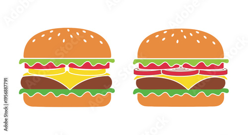 Two colorful cartoon burgers with different toppings are shown