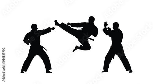 Three martial artists demonstrating dynamic poses in black silhouette